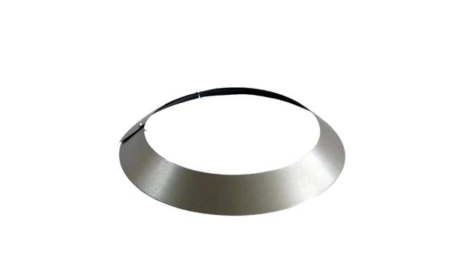 A metal triangle with a hole in the middle on a white background.