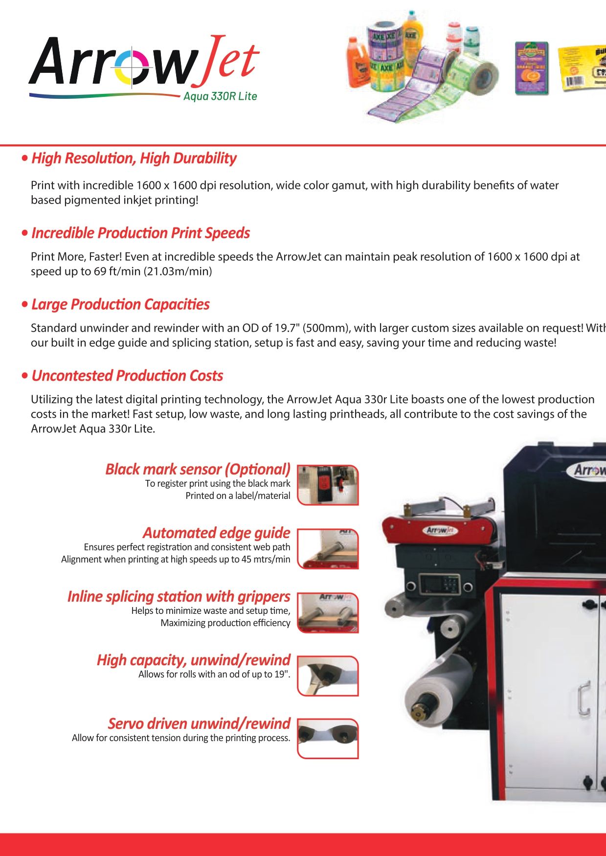 A brochure for arrow jet shows the features of the machine.