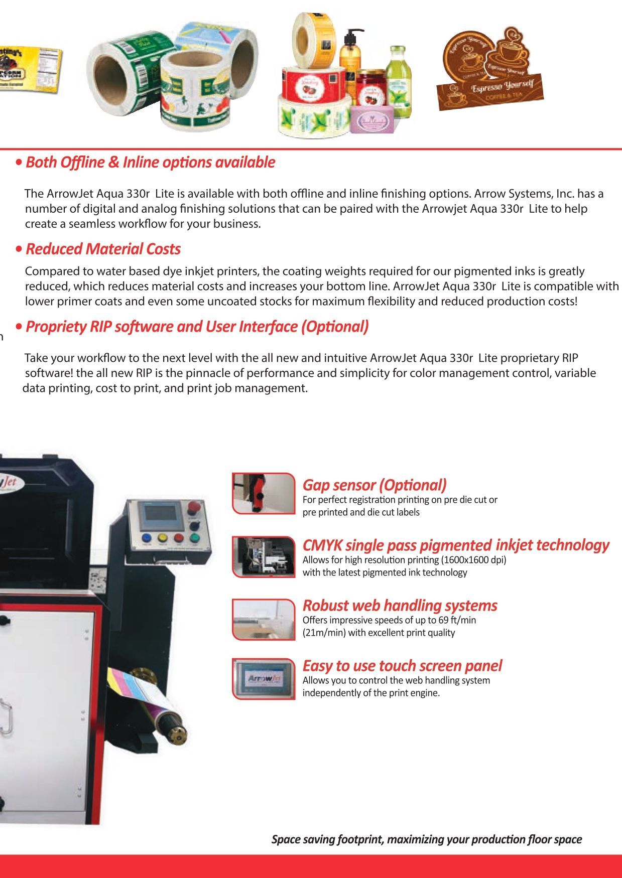 A brochure for a machine that can print stickers on a variety of products.