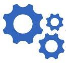 Three blue gears with circles in the middle on a white background.