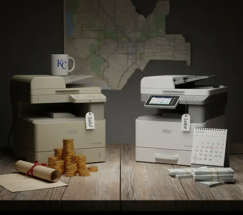 Two printers on a wooden table, representing old vs. new technology. Coins, a scroll, and calendar compare costs. Map and mug in background.