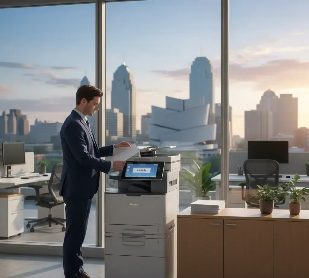 Man in suit using a multi-function printer in a modern office with city skyline view.