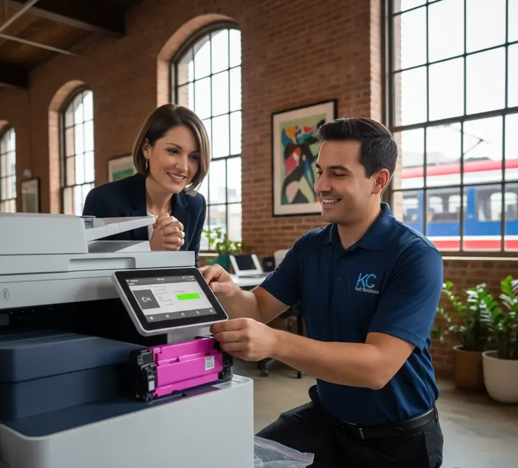 A technician showing a woman how to use a printer's touchscreen in an office. They both smile.