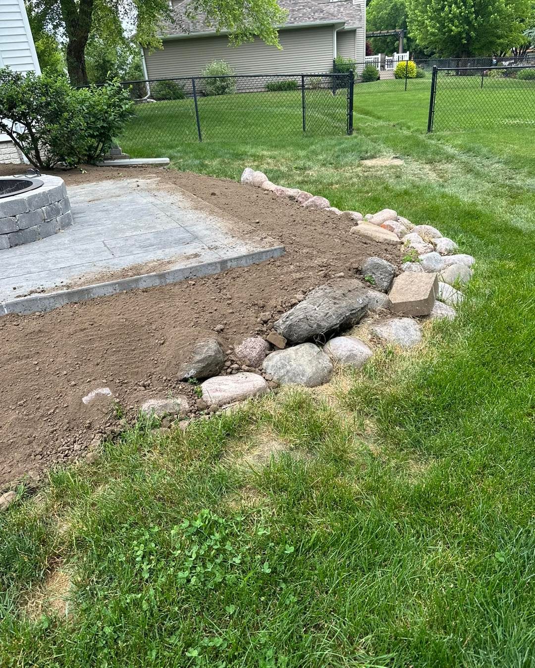 Patio with fire pit, bordered by rocks, surrounded by grass.