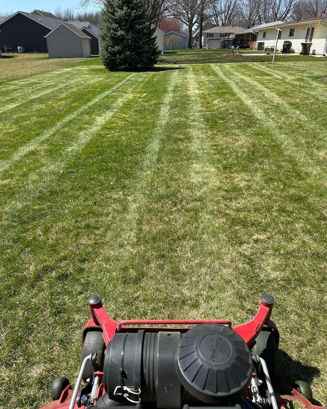Zero-turn lawn mower cutting grass in a residential yard, creating striped patterns. Green lawn, blue sky.