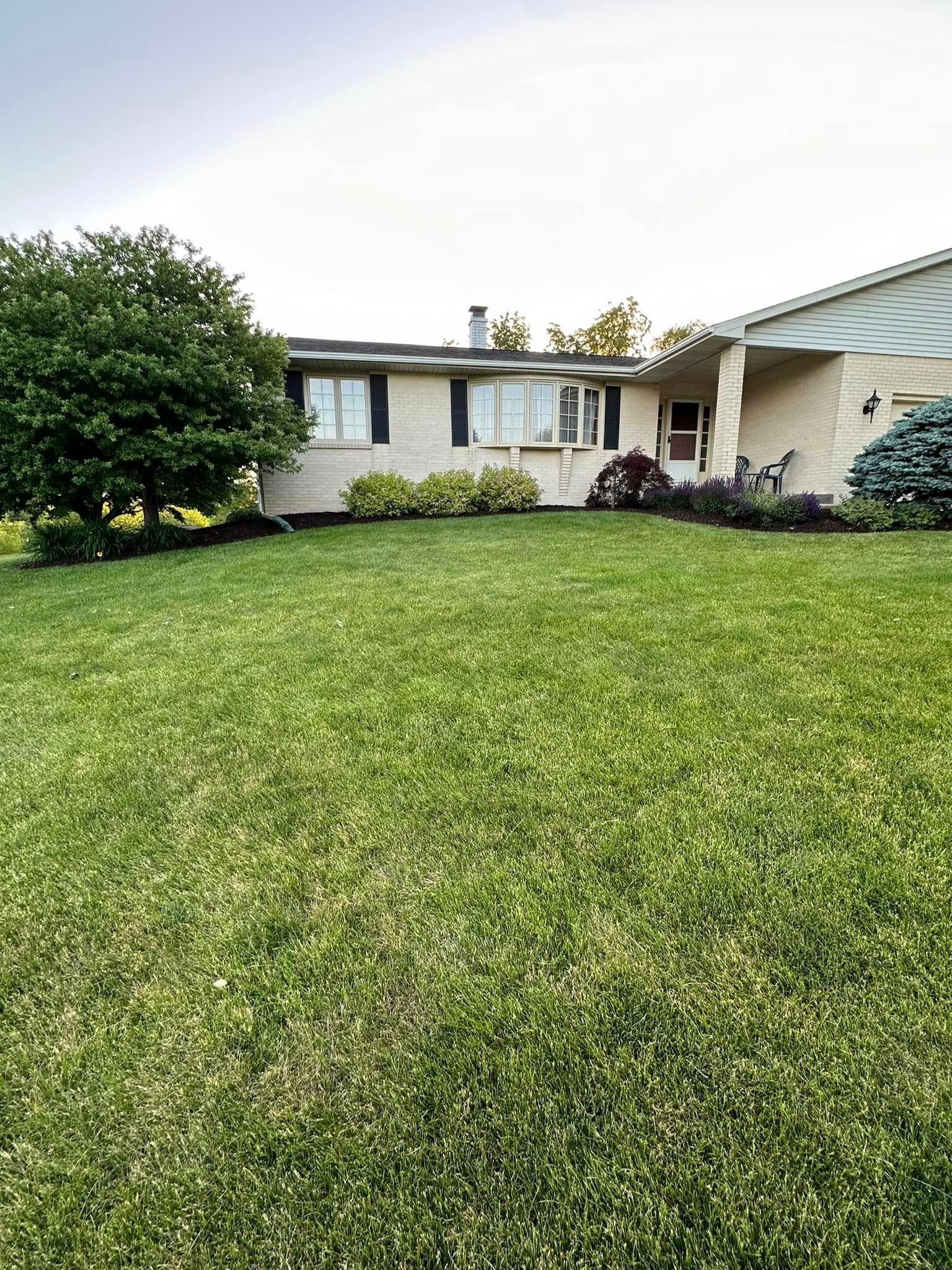 A brick house with a well-maintained lawn, tree, and landscaping.