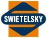 Logo für Swietelsky: ein weißes, serifenloses Wortzeichen innerhalb einer dunkelblauen horizontalen Form 