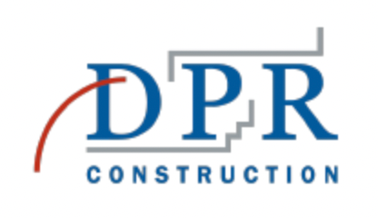 A blue and red logo for dpr construction