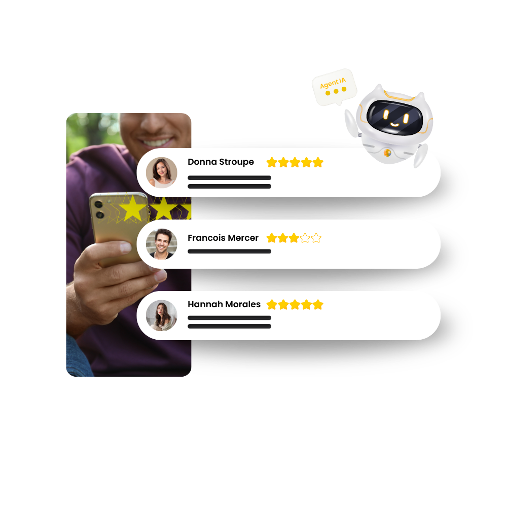 Une personne tenant un téléphone avec des avis et une illustration de robot.