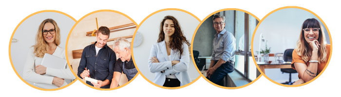 Cinq personnes disposées en cercle, souriantes, dans divers contextes professionnels, devant des fonds neutres.