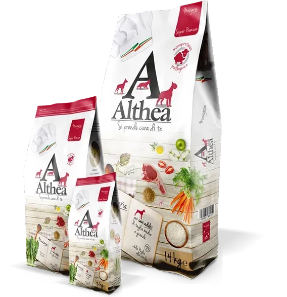 Sacchetti per cibo per cani, marca Althea, in tre misure, bianchi con dettagli rossi e illustrazione di cibo.