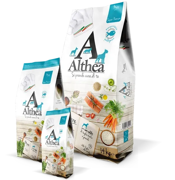 Confezioni di cibo per cani Althea: taglia piccola, media e grande. La confezione include gli ingredienti del cibo e le sagome dei cani.