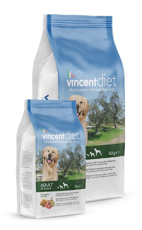 Due confezioni di cibo per cani Vincent Diet. Confezione blu e bianca con un Golden Retriever e un ulivo sullo sfondo.