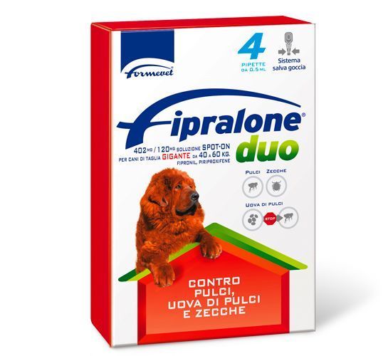 Scatola di Fipralone Duo per cani, contenente 4 dosi. Mostra un cane su un tetto verde, con la scritta 