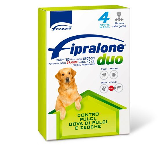 Scatola di Fipralone Duo, trattamento antipulci e zecche per cani, con illustrazione e testo di un cane.