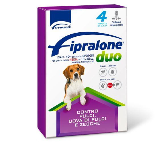Box of Fipralone Duo for dogs, featuring a beagle illustration and text 