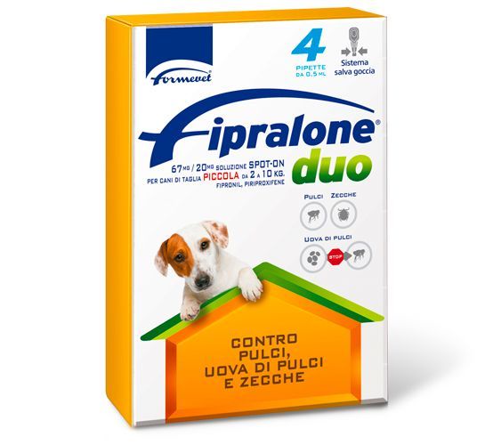 Scatola di Fipralone Duo per cani, arancione e bianca, con un cane che sbircia da una casa; controlla pulci e zecche.