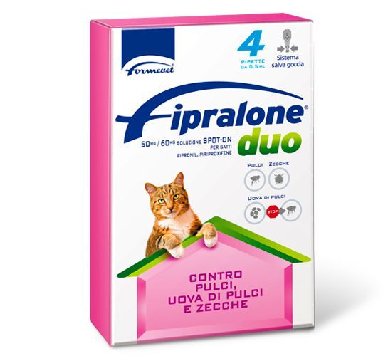 Scatola di trattamento antipulci per gatti Fipralone Duo con grafica raffigurante un gatto e testo in italiano.