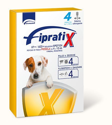 Scatola di trattamento antipulci e zecche FipratiX per cani di piccola taglia, contenente 4 dosi. Confezione bianca e gialla con immagine di un cane.
