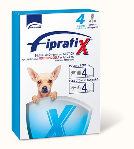 Scatola di trattamento antipulci e zecche FipratiX per cani, taglia piccola. Contiene quattro dosi.