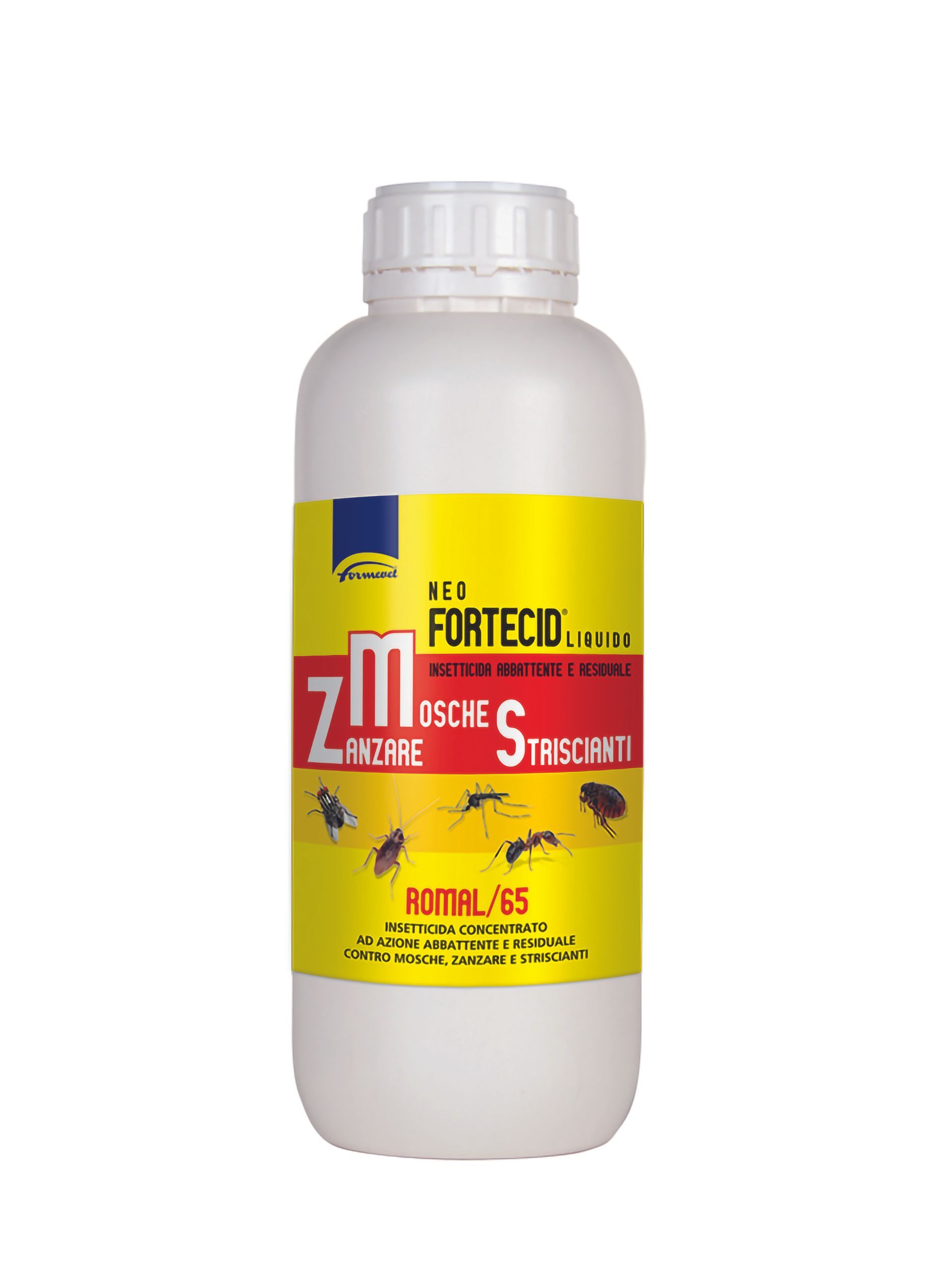 Flacone bianco di insetticida con etichetta gialla con testo e illustrazioni di insetti.