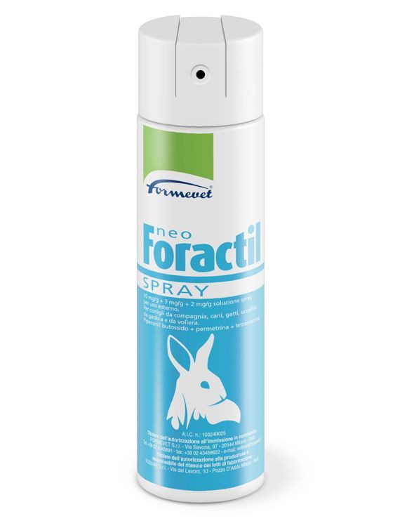 Bomboletta di spray neo-Foractil per conigli con etichetta bianca e verde, sfondo blu e immagine di un coniglio.