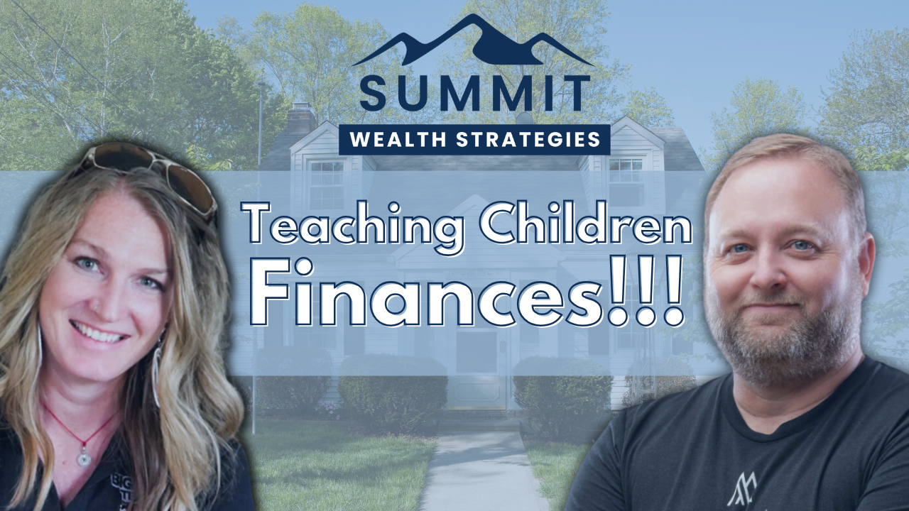 A woman and a man smile in front of a Summit Wealth Strategies logo and a house, with the text 