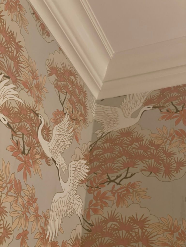 A corner of a room with a wallpaper with birds on it