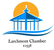 A logo for the larchmont chamber with a gazebo and waves