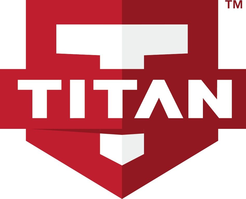 A red and white logo that says titan on it