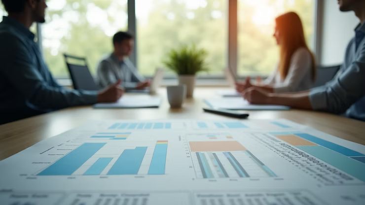 Business meeting around a table, financial graphs in the foreground, analyzing data.