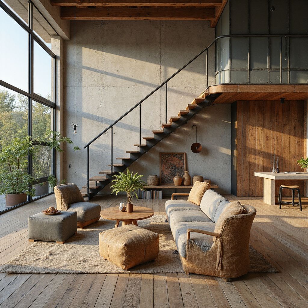 A sunlit, modern living room with a sofa, armchair, and stairs leading to a loft.