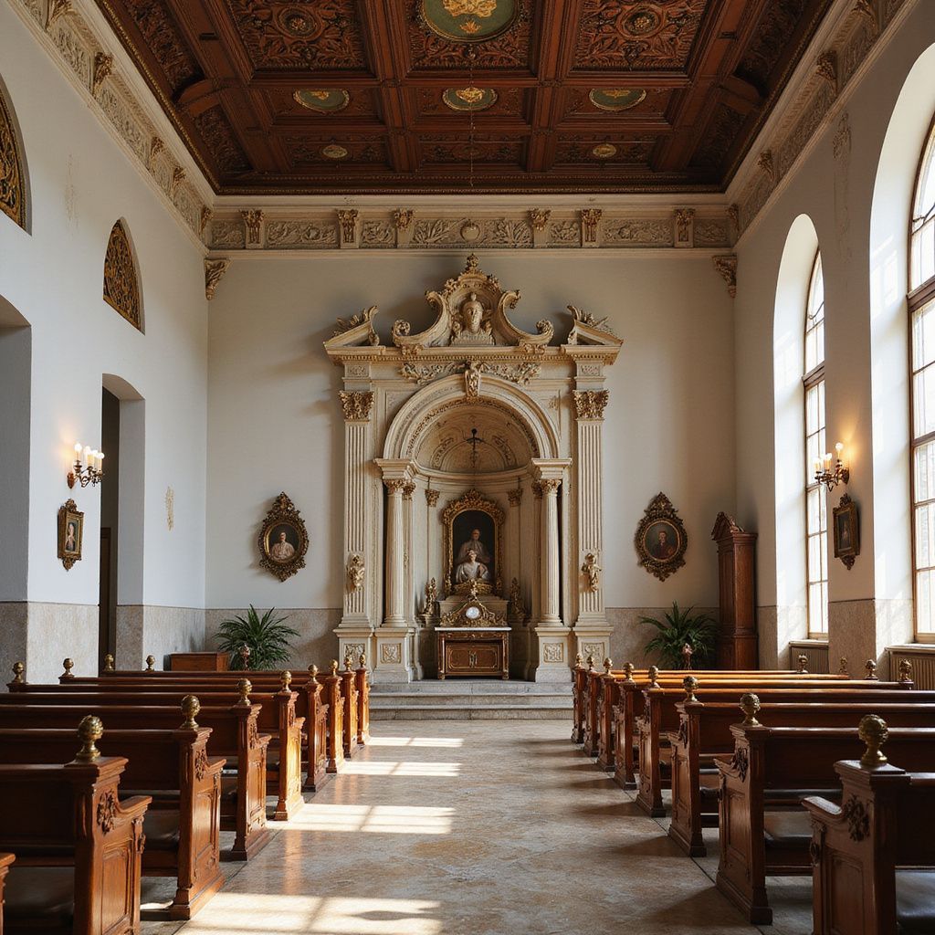 A grand chapel interior. Rows of wooden pews face a detailed altar under a carved, ornate ceiling.