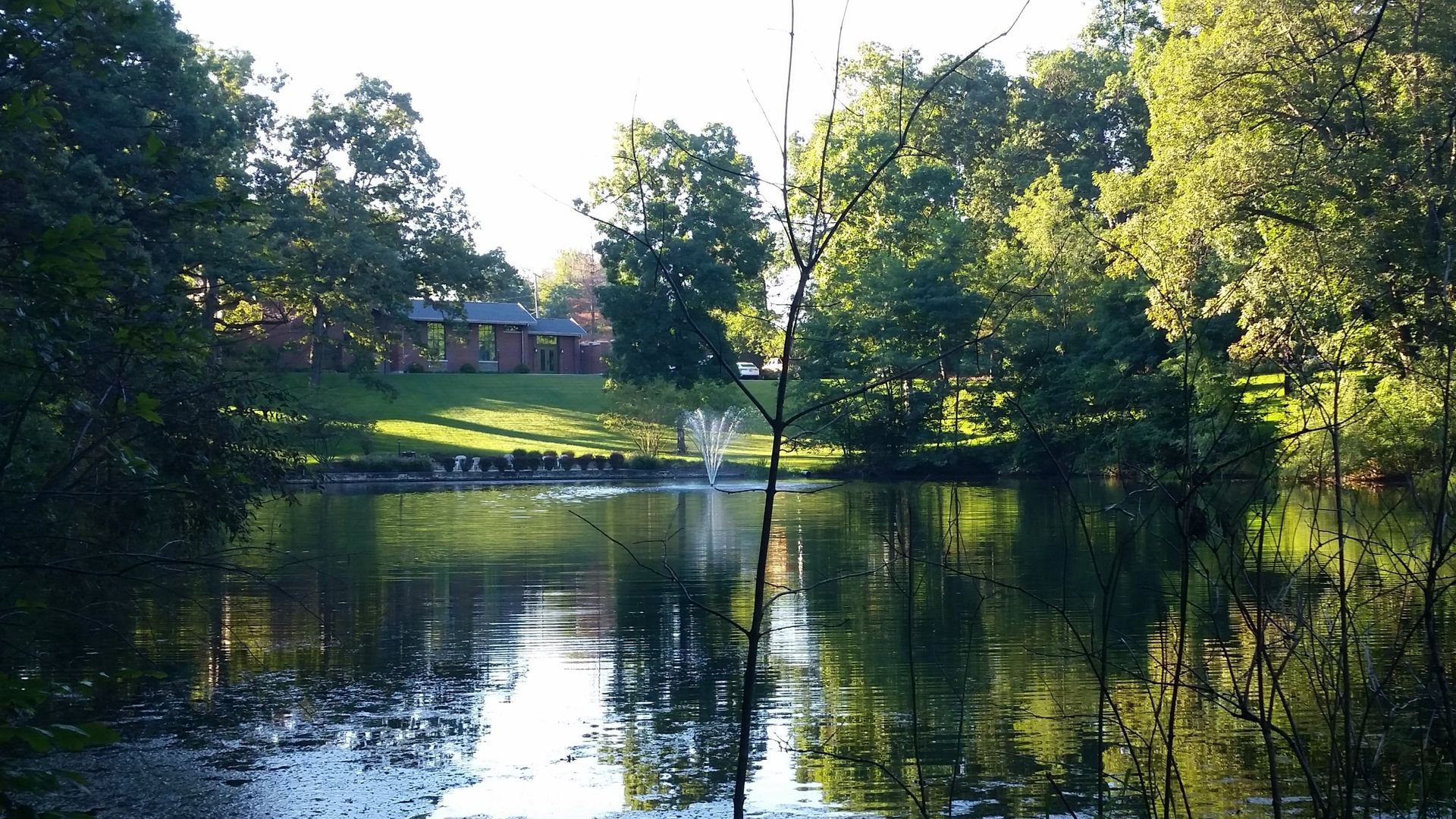 Pond with fountain, reflecting trees and a building on a grassy hill; sunny day.