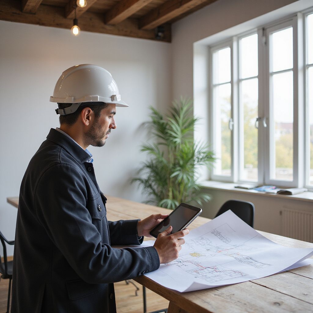 Construction worker in a white hard hat reviews blueprints and tablet at a wooden table near a window.