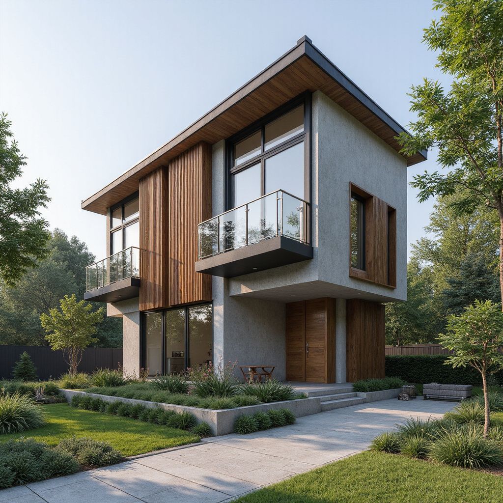 Modern two-story house with wood and concrete facade, large windows, and a landscaped yard.