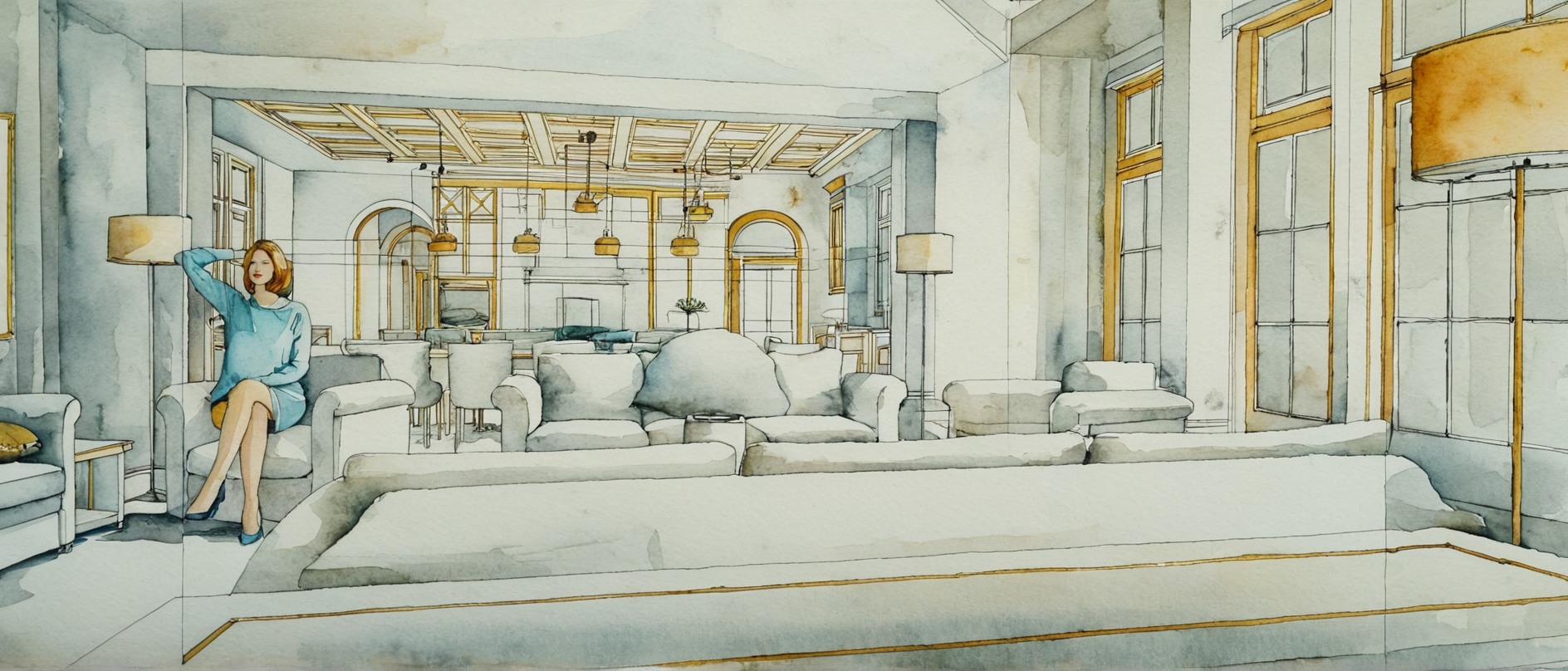 Bright, unfinished living room with a person measuring a wall amid exposed framing and construction materials