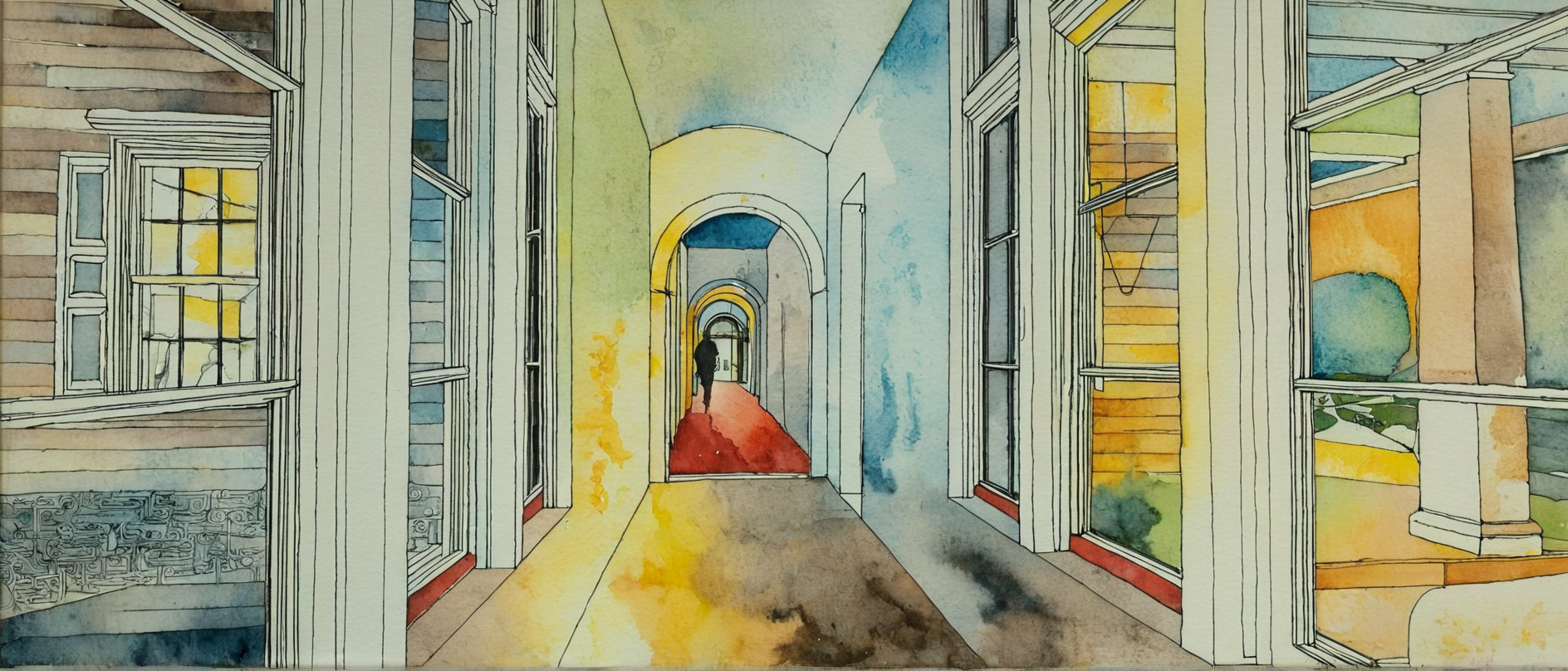 Bright hallway with colorful windows and a distant figure in a red dress at the end