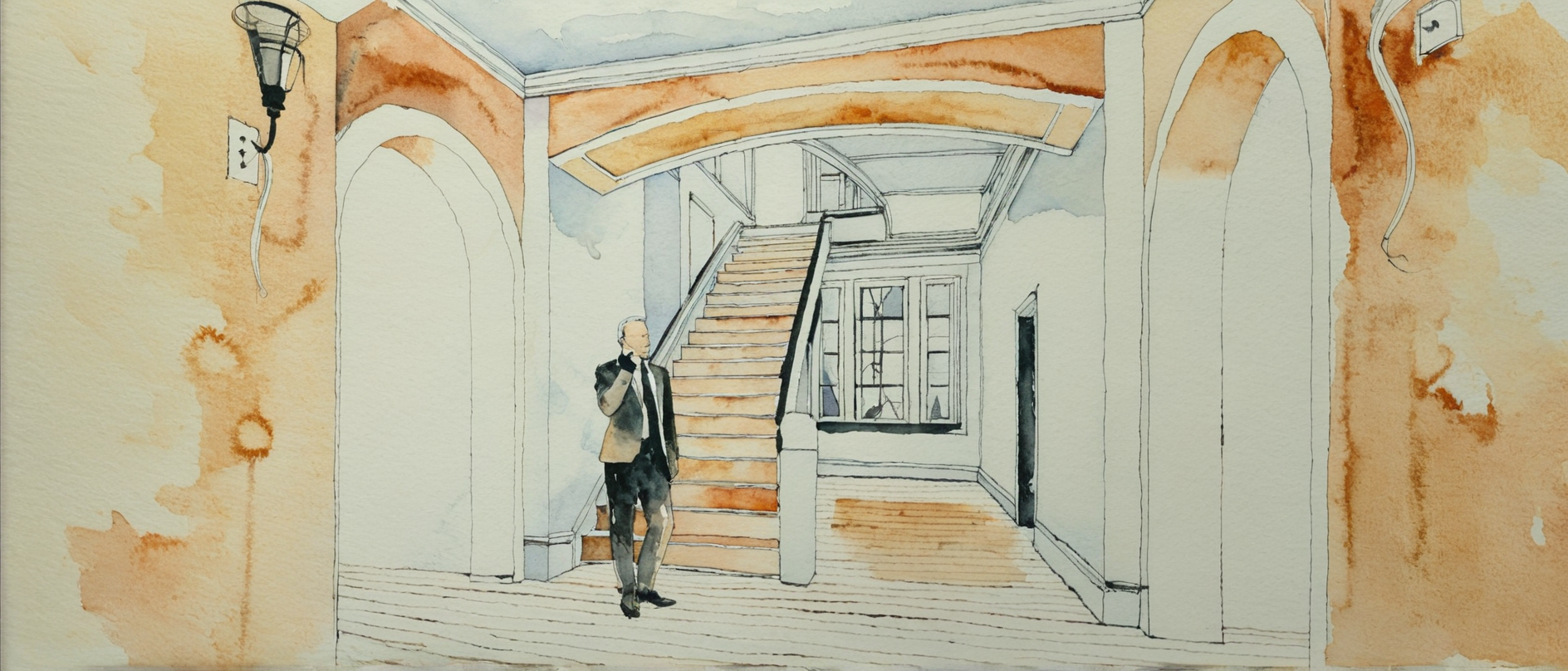 Watercolor-style view of a covered walkway with stairs and a lone person walking toward a bright doorway