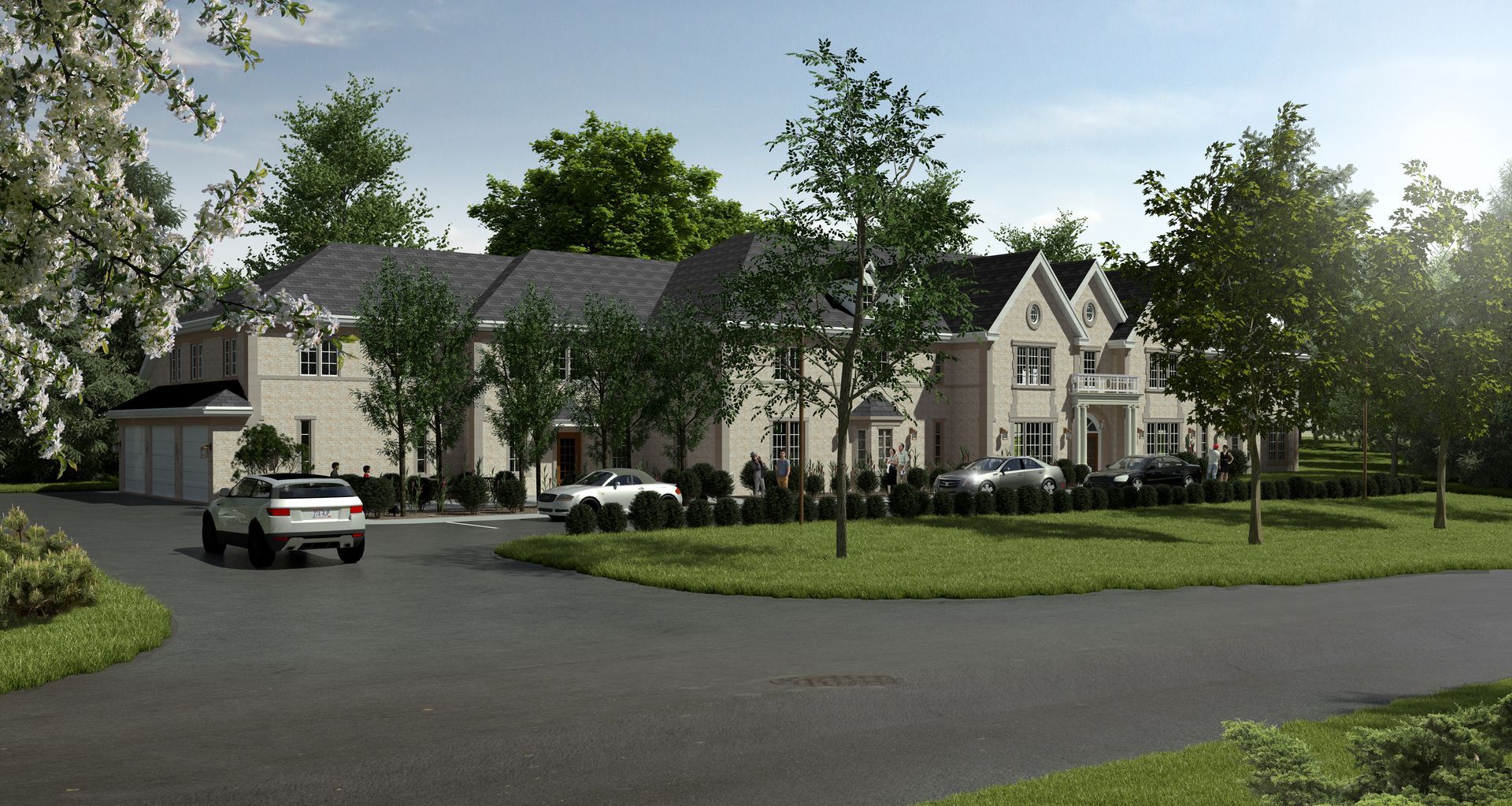 Large beige house with a circular driveway and several cars. Trees surround the property.