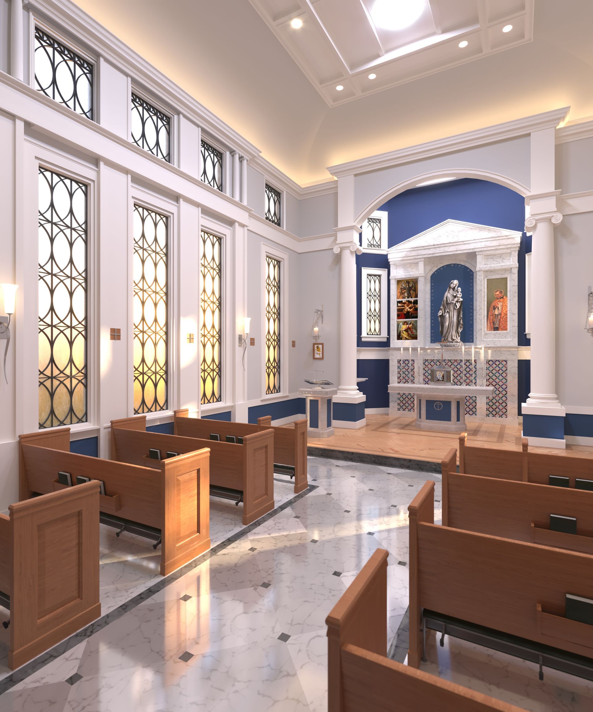 Interior of a church with wooden pews, decorative windows, and a blue altar area.