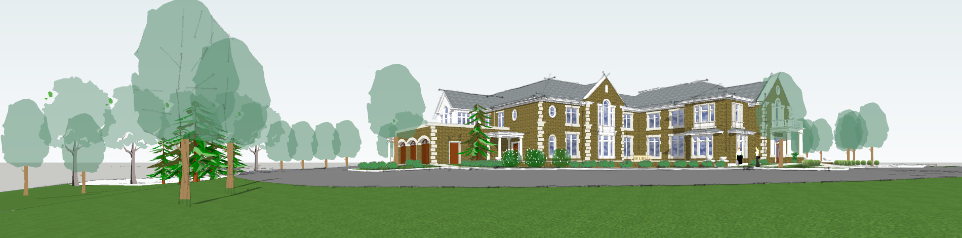 A multi-story building with a brown exterior and white window frames, surrounded by trees and a green lawn.