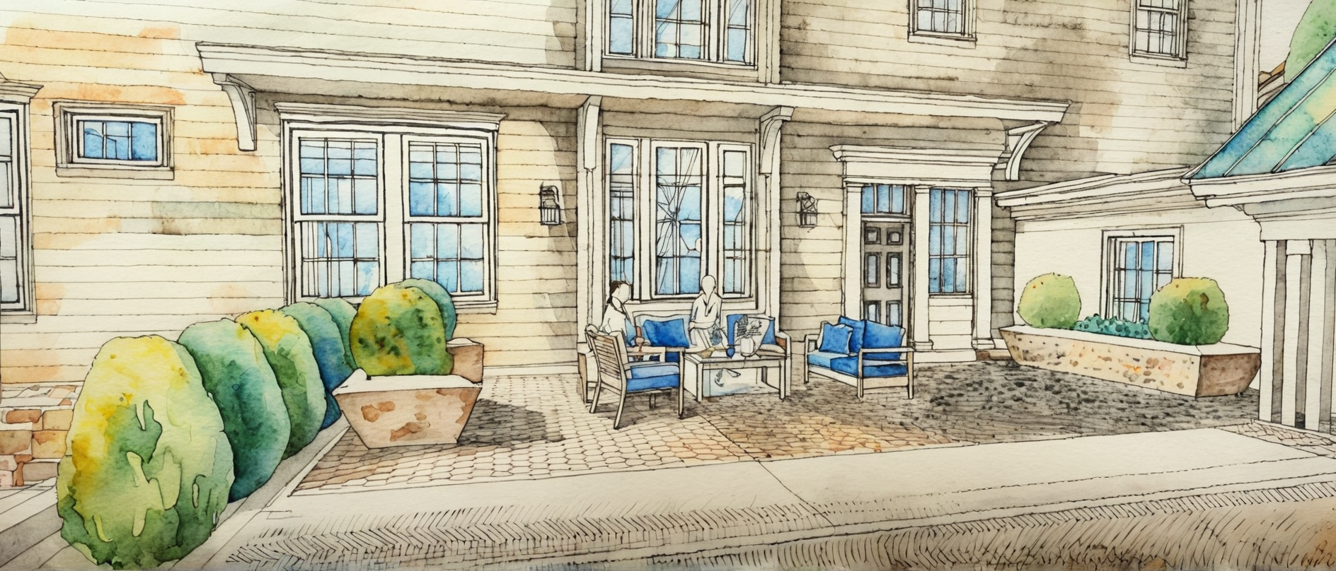 Watercolor of a stone house facade with blue patio chairs, potted greenery, and a gravel front yard