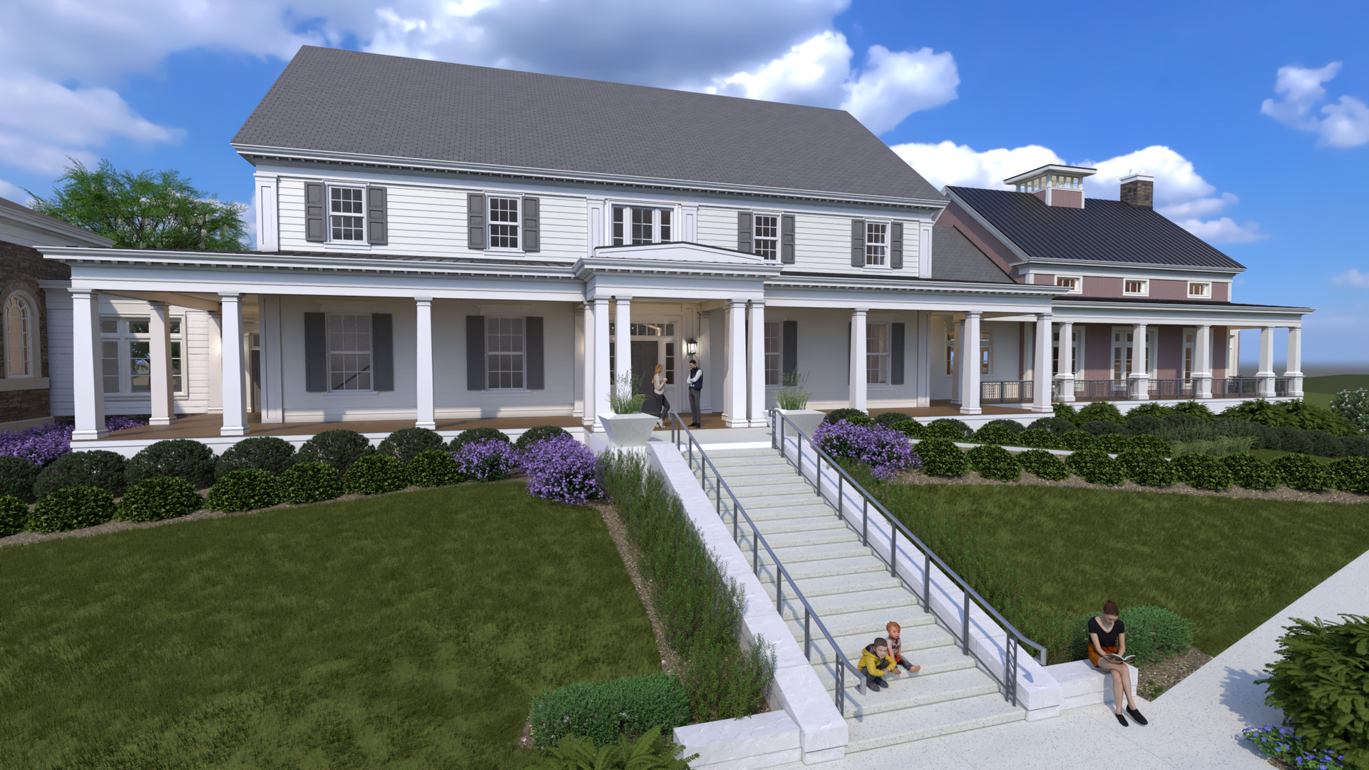 Large white house with wraparound porch, green lawn, and a central stairway under a blue sky.