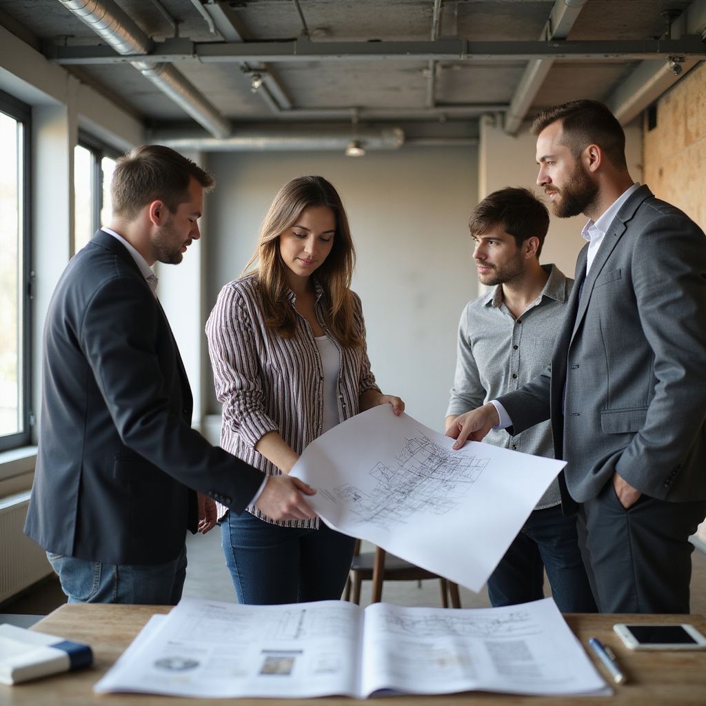 Four people in a modern office looking at blueprints on a table.