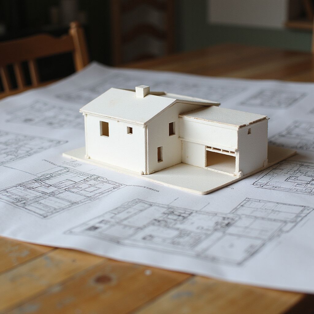 Scale model of a house on a blueprint, wooden, simple design, inside a room.