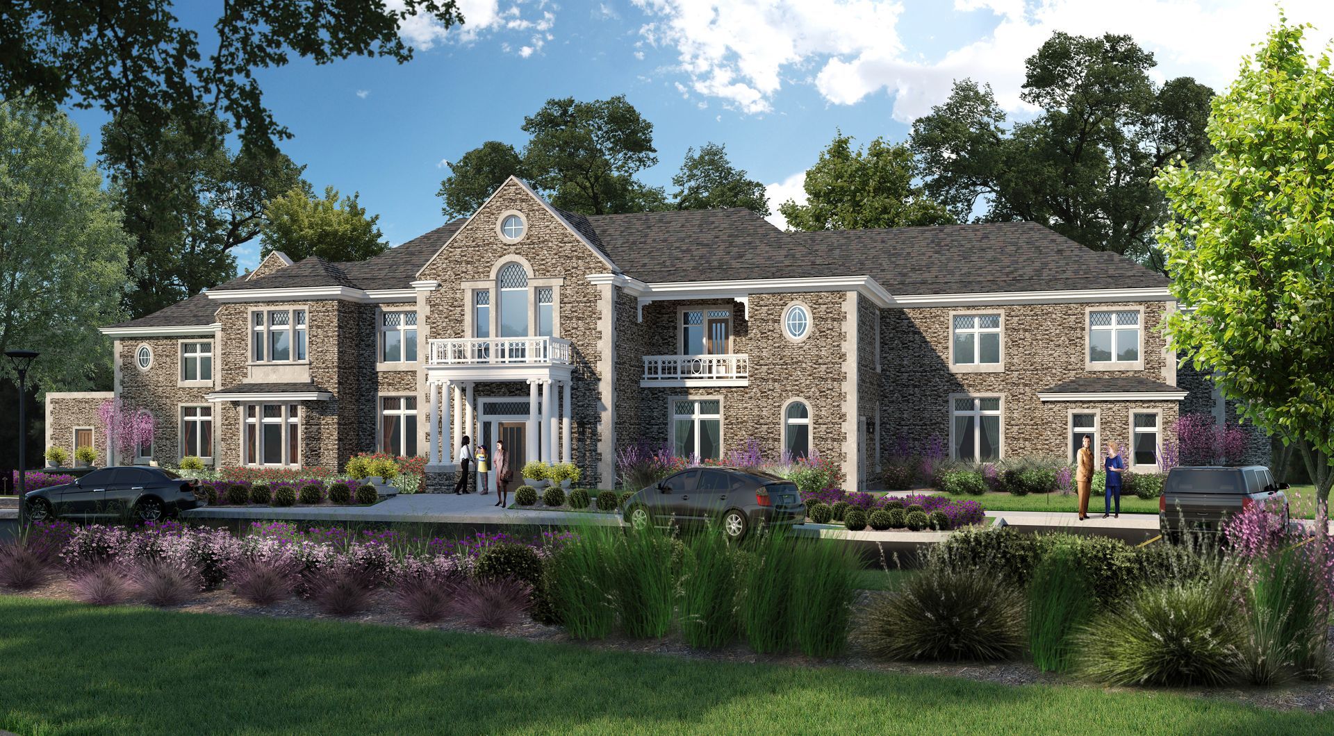 Stone mansion with a gray roof, landscaping, and several vehicles parked in front.