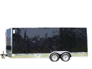 A black trailer with two wheels on a white background.