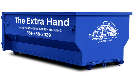 A blue dumpster that says the extra hand on it