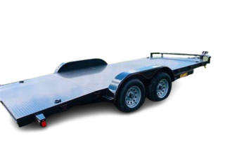 A flatbed trailer with two tires on a white background